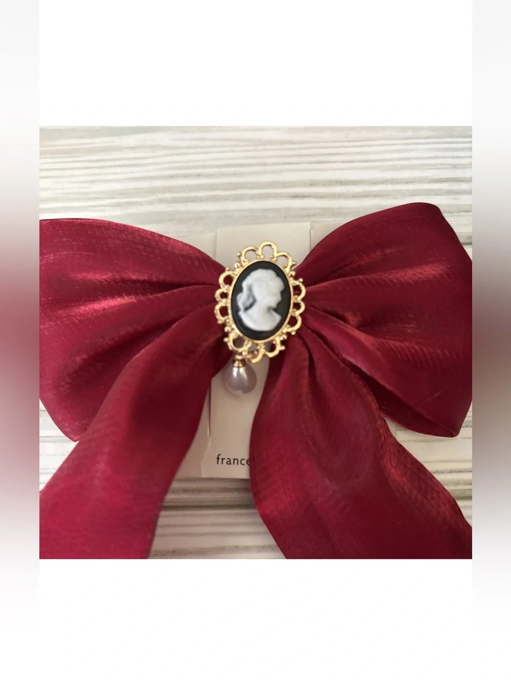 Francesca's Collections Deep Red Clip Bow Brooch with Cameo Accent